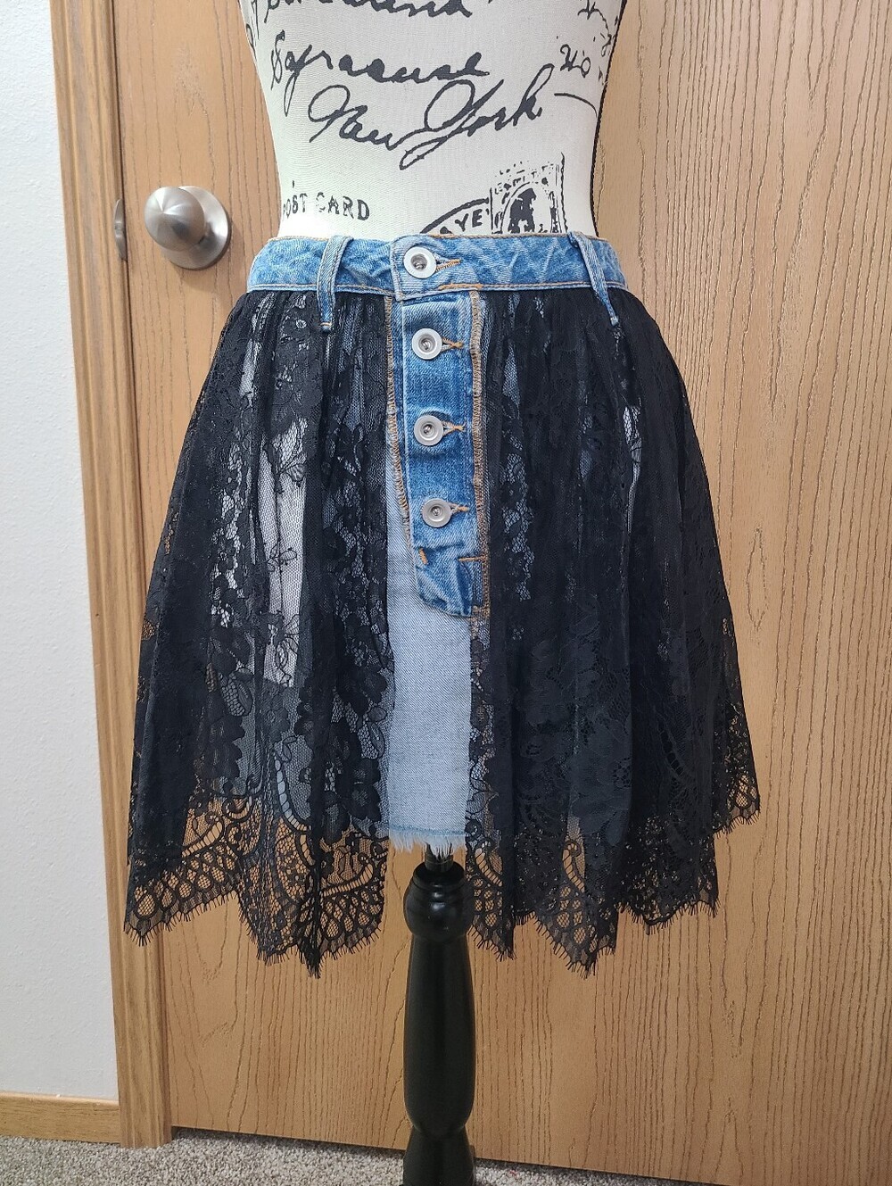 Unravel Project Ben Taverniti Lace Inside Out Frayed Hem Denim Mini Skirt